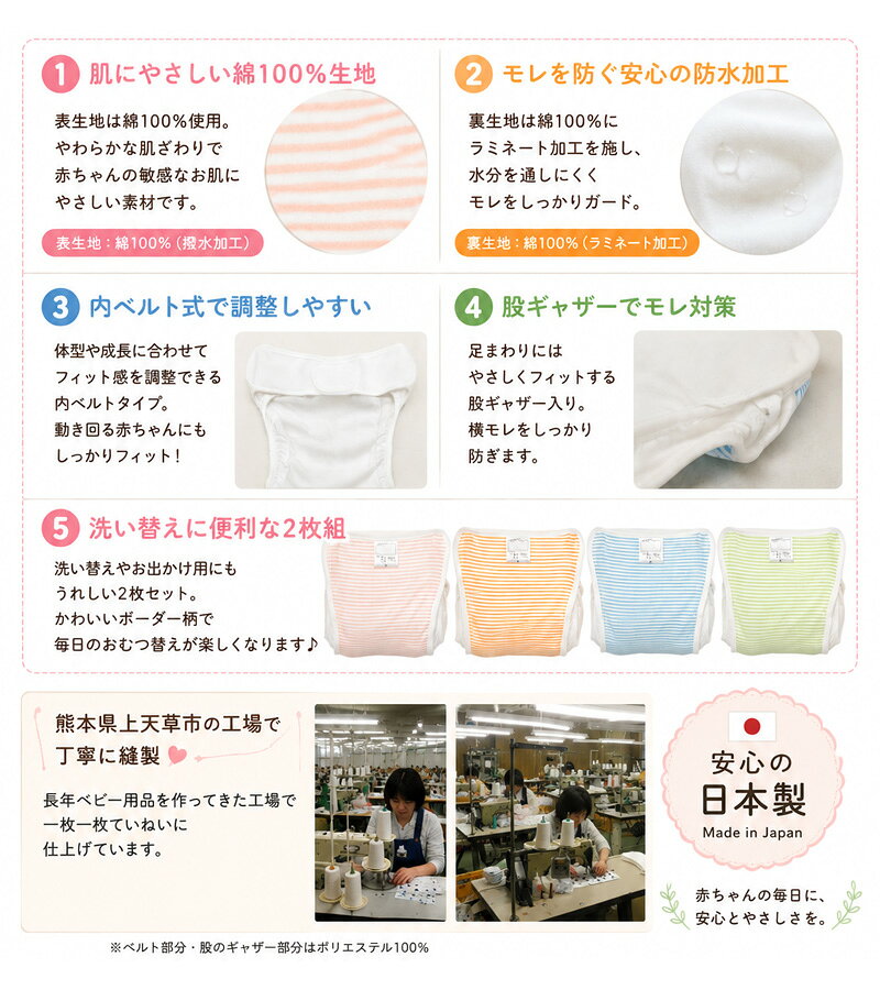えみふる工房_JapanEcoFunFamilyの日本製 ベビー おむつカバー 内ベルト式 2枚組 綿100％ 布おむつカバー ボーダー柄 70cm 80cm 90cm 保育園 赤ちゃん 男の子 女の子 マジックテープ 撥水 防水 コットン 出産準備｜アングル2