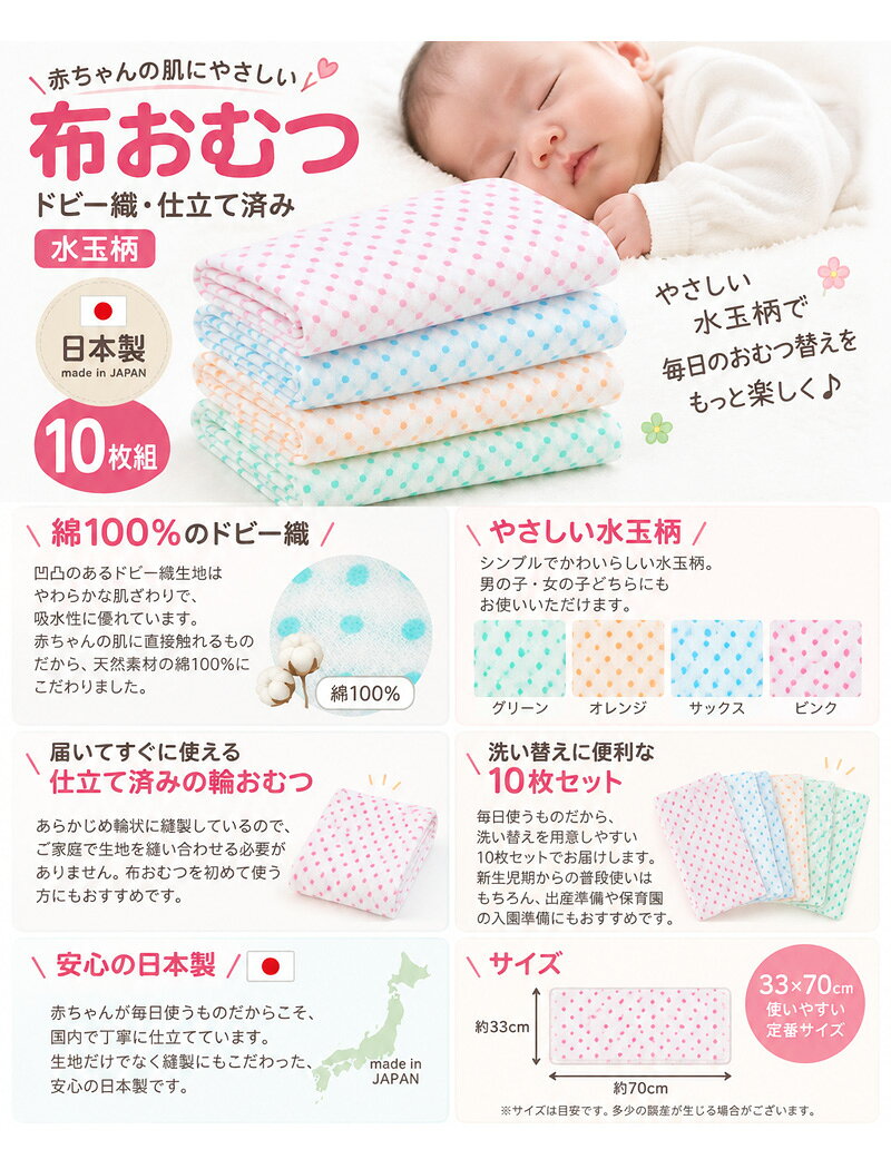 布おむつ 日本製 10枚組 水玉柄 ドビー織 輪おむつ 綿100％ 仕立て済み 33×70cm 新生児 ベビー 布オムツ 出産準備 保育園 入園準備 (2)