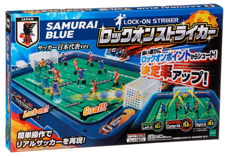 商品名サッカー盤 ロックオンストライカー サッカー日本代表チームモデル サイズW600×D65×H375mm 品 番EPT-07290 メーカーエポック社 商品説明簡単操作でリアルなサッカープレイを実現する新機能を搭載した、サッカー盤の進化モデルが登場！ ・シュートの決定率がアップする「ロックオンポイント」を搭載 ・華麗なダイレクトボレーシュートが狙いやすい「ピンポイントクロス」機能 ・キーバーの可動範囲がアップし、ゴールキックも可能に 対象年齢：5歳以上 こちらの商品は【ラッピング対象外】の商品です。 補 足【おもちゃ】【ゲームシリーズ】【サッカー盤】【201802】【5歳以上】【色：ブルー】【色：グリーン】