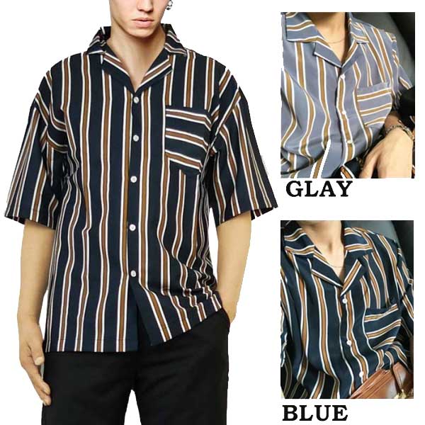 開襟シャツ 半袖 メンズ ブリティッシュ ストライプシャツ ロカビリー レトロシャツ カットシャツ ロックファッション ストリートファッション オーブンカラーシャツ WAD モード系 モッズ ボーリングシャツ ボウリングシャツ アロハシャツ クラシカル 夏