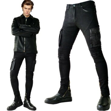 クラッシュ ダメージ スキニー カーゴパンツ バイカーパンツ ブラック ストレッチ スキニージーンズ すそZIP ロック ストリート パンク ファッション メンズ スキニー テイスト デニム ジーパン カーゴ人気 ブラック 黒 バイク 細身パンツ バイカー