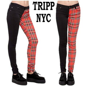 TRIPP NYC(トリップニューヨーク)アシンメトリー スキニーパンツ ブラック レッドチェック アシンメトリースキニー ジーンズ パンクファッション ロックファッション ロック系 モード系 tripp nyc あす楽 秋 冬