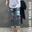 クラッシュ ジーンズ ダメージ スキニー ウォッシュ ブルー メンズ スキニーパンツ スリムパンツ ストリート モード系 ボトムス スキニージーンズ バイカーパンツ ジーパン 人気 v系 デニム ロックファッション ズボン おしゃれ 色落ち 春