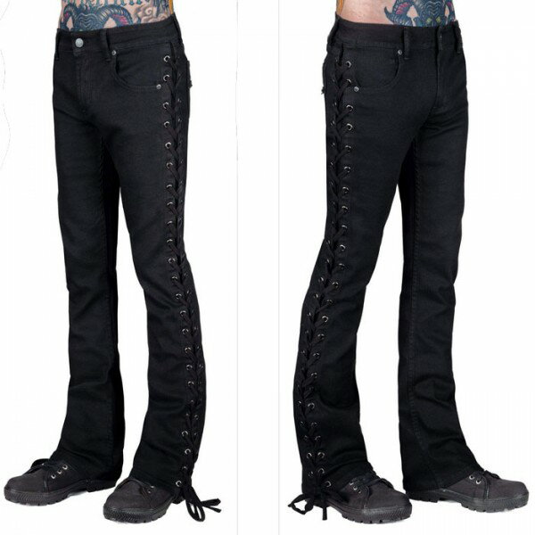 ブーツカット ジーンズ レースアップ 編み込み WORNSTAR(オーンスター)ブラック ベルボトム ジーンズ フレア パンツ ブランド パンクファッション ロックファッション デニム 黒 おしゃれ ロカビリー バイカー モード系 メンズ ヘビメタ 脚長 V系 ロック系 秋コーデ