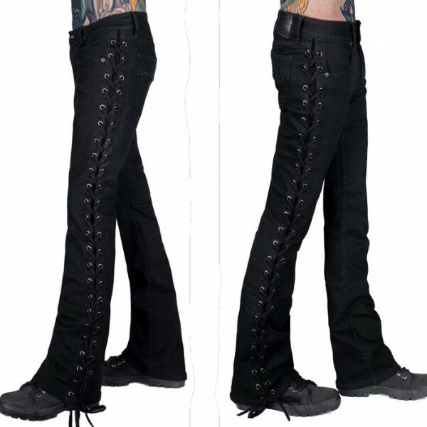 ブーツカット ジーンズ レースアップ 編み込み WORNSTAR(オーンスター)ブラック ベルボトム ジーンズ フレア パンツ ブランド パンクファッション ロックファッション デニム 黒 おしゃれ ロカビリー バイカー モード系 メンズ ヘビメタ 脚長 V系 ロック系 秋コーデ