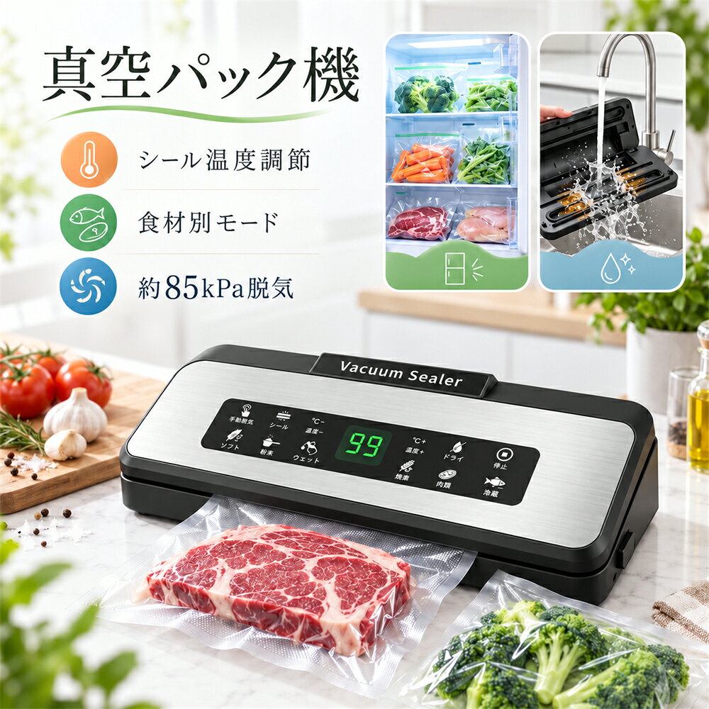毎日の食材保存を、もっと手軽に。 食材に合わせて選べるモードと、細かく調整できる機能を1台に。 はじめての方にも使いやすい家庭用真空パック機です。 使いやすさの3つのポイント 01迷わず使いやすい 日本語パネルと 食材別モード 02細かく調整 手動脱気と 9段階温度調節 03毎日使いやすい お手入れしやすい スリム設計 食材に合わせて、迷わず選べる 肉類、魚類、穀類、粉末、ウェット、ドライ、ソフトなど、 食材の種類や状態に合わせてモードを選べます。 難しい設定を毎回考えず、食材に合わせて選ぶだけ。 肉類牛肉、豚肉、鶏肉など 魚類切り身、魚介類など 穀類お米、豆、ナッツなど 粉末小麦粉、パン粉など ウェット下味食材など ソフトパン、やわらかい食品 おまかせでも、こだわっても 食材別モード 普段は食材に合わせてモードを選択。 難しい設定を減らし、はじめての方でも使いやすい設計です。 手動脱気 袋や食材の状態を見ながら、好みの脱気具合に調整。 気になった時は停止ボタンですぐ止められます。 潰れやすい食材にはソフトモード パン、やわらかいお菓子、果物など、 形を残したい食材をやさしく脱気したい時に便利です。 ※食材の種類、量、状態により仕上がりは異なります。 ※完全に変形を防ぐものではありません。 P1-P9 9段階シール温度調節 袋に合わせて、ちょうどいいシールに。 約93度から97度まで、0.5度刻みで調整できます。 袋の厚みや材質に合わせて設定しやすい設計です。 P1-P3 低めから 薄手の袋など P4-P6 中間から 一般的な保存袋 P7-P9 高めから 厚手の袋など ※上記は設定の目安です。袋の材質、厚み、メーカー、使用環境などにより適した設定は異なります。 最大真空度 約85kPa しっかり脱気して、すっきり保存。 まとめ買いした食材の小分けや、作り置きにも便利です。 最大約30cm幅対応 大きめの食材から小分け保存まで。 食材のサイズに合わせて使いやすいワイド設計です。 使いたい時に、すぐ使える ロール袋収納 ロール袋を本体にすっきり収納。 必要な時に引き出してすぐ準備できます。 スライドカッター ハサミを用意せず、食材の大きさに合わせて必要な長さにカットできます。 引き出す　＞　切る　＞　シール　＞　食材を入れる　＞　真空 ※ロール袋は選択したセット内容により付属の有無が異なります。 毎日使うから、お手入れも手軽に 取り外してお手入れ 汚れやすい下部パーツは取り外して水洗いできます。 肉汁や油脂などのお手入れにも便利です。 ※上部の本体ユニットは水洗いできません。 ステンレス製トップパネル 汚れが気になった時は布などでサッとお手入れ。 キッチンになじみやすい落ち着いたデザインです。 奥行きスリムで収納しやすい 約35cm x 13.8cm x 6.5cm 奥行き約13.8cm、高さ約6.5cmのスリム設計。 キッチンの棚や引き出しにも収納しやすく、必要な時に取り出せます。 重量は約818gです。 選べるセット内容 Aセット 真空パック機 20cm x 30cm 真空袋10枚 Bセット 真空パック機 20cm x 30cm 真空袋30枚 Cセット 真空パック機 20cm x 30cm 真空袋50枚 Dセット 真空パック機 20cm x 300cm ロール袋1本 ※ご注文前にセット内容をご確認ください。 製品仕様 商品名真空パック機 カラーシルバー サイズ約35cm x 13.8cm x 6.5cm 重量約818g 材質ABS、304ステンレス 消費電力140W 最大真空度約85kPa 最大シール幅約30cm シール温度P1-P9、約93度から97度 おいしい毎日を、もっと手軽に。 まとめ買い、小分け保存、作り置き、下味冷凍など、 毎日のさまざまな保存シーンに。 食材に合わせて使い分けられる真空パック機です。