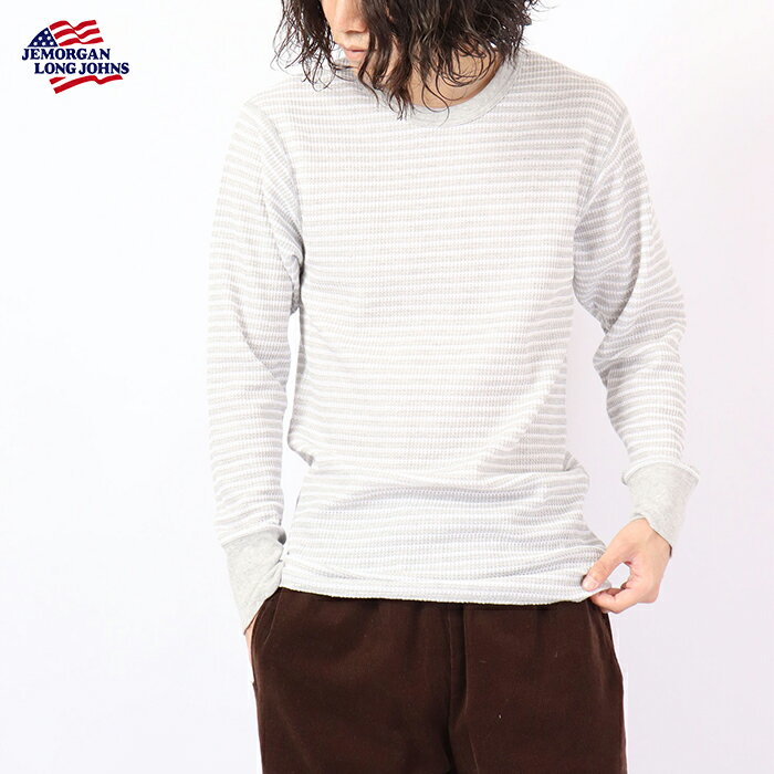 JEMORGAN LONG JHONS ジェーイーモーガン ボーダークルーネック長袖Tシャツ メンズ 男性用 レディース 女性用 ユニセックス ワッフル生地 パック入り サーマルインナー おしゃれ かわいい 秋物 冬物 春物 ホワイト グレー ネイビー