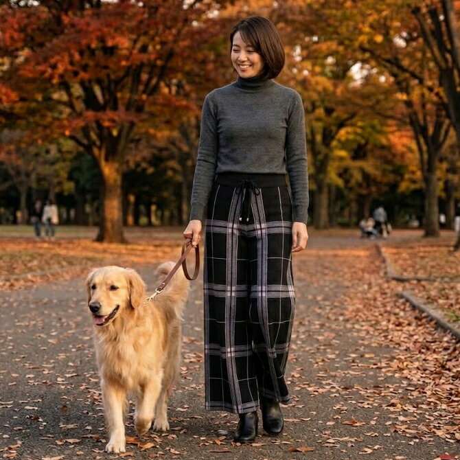 Rakuten - 格子柄ニット美脚ワイドパンツ（ブラック）