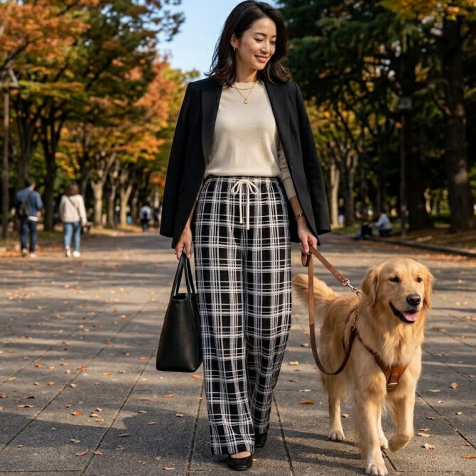 Rakuten - 格子柄美脚ワイドパンツ（ブラック）