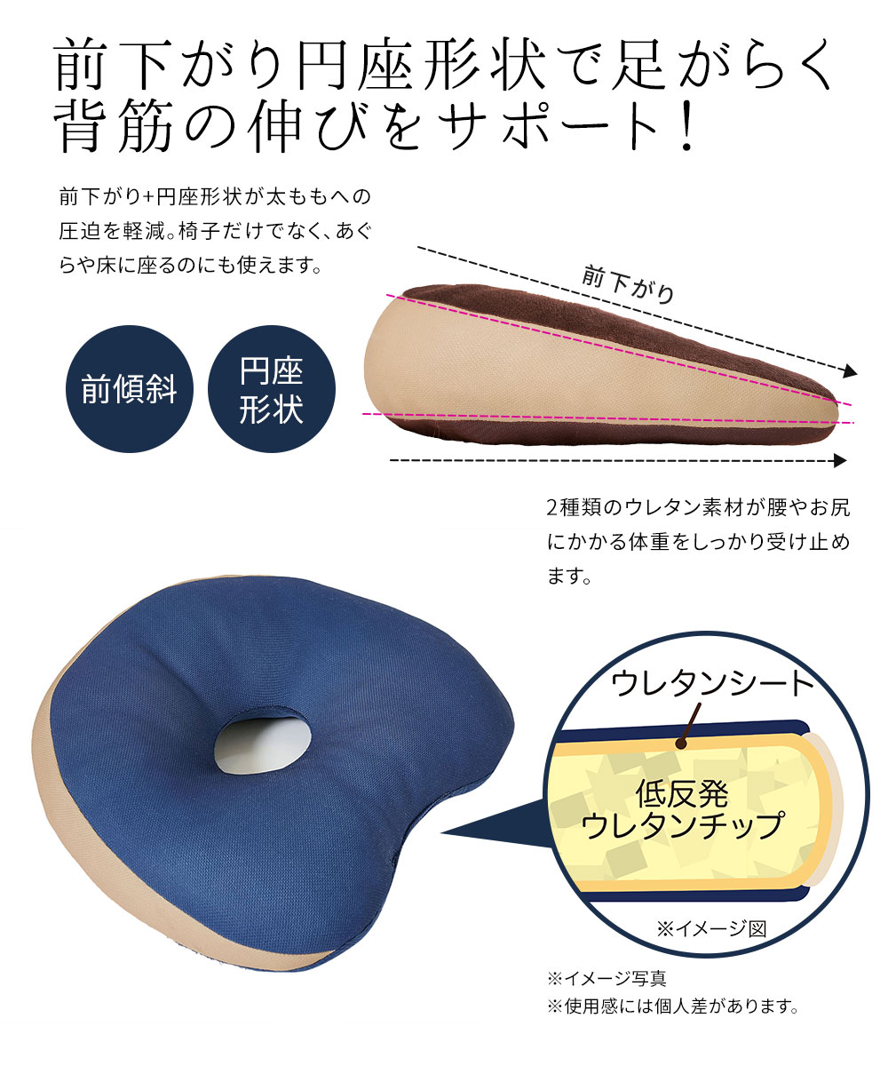 Jerico楽天市場店のクッション 低反発 姿勢 座布団 デスクワーク 椅子 イス グッズ 腰 こし 美姿勢 背筋 猫背 ゆがみ オフィス テレワーク 座り作業 ソファ 円座形状 丸穴 低反発ウレタン 前傾姿勢 負担軽減 体圧分散 リバーシブル ネイビー ブラウン 低反発リバーシブル足らくクッション 196｜アングル3