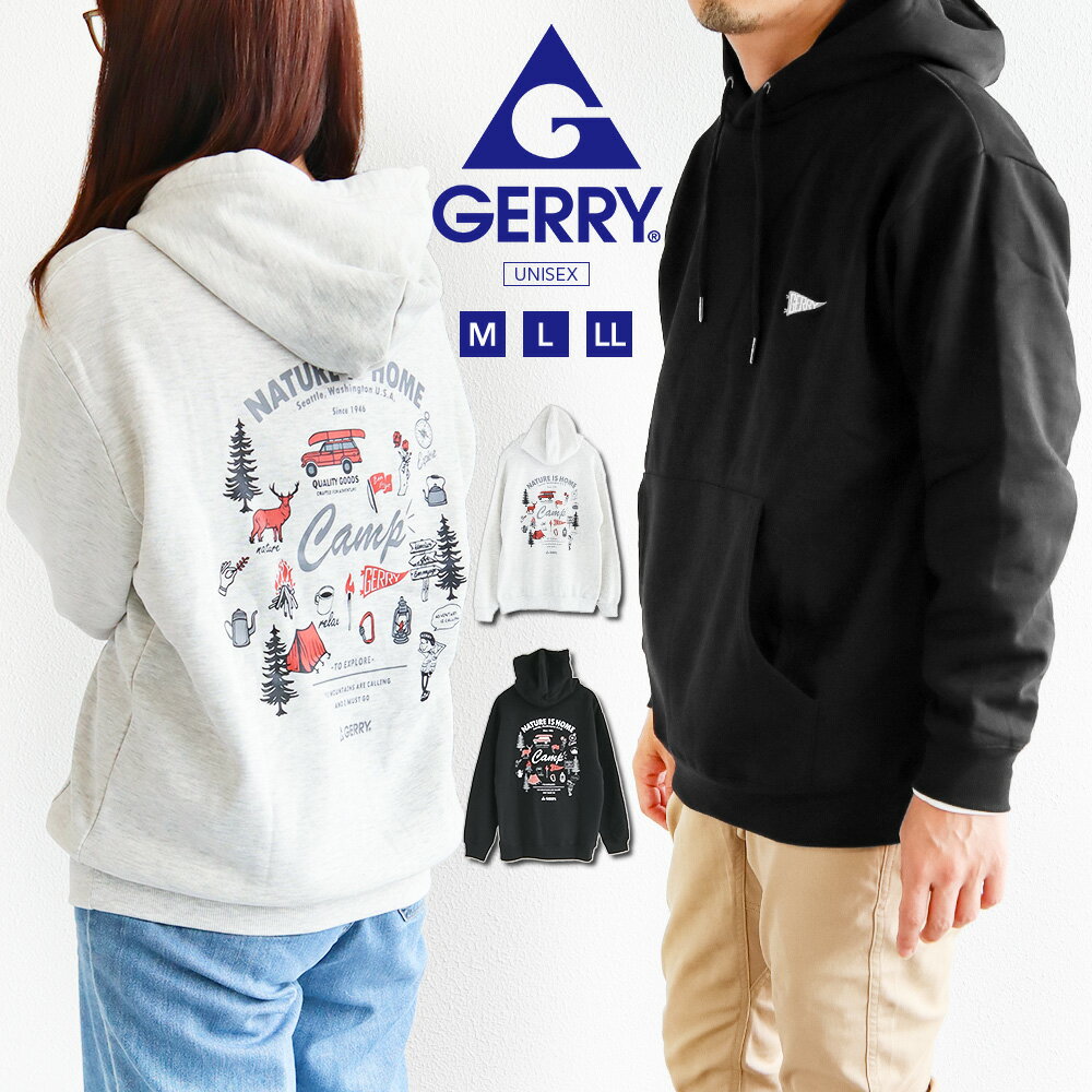 gerry パーカー メンズ ブランド フーディー レディース 長袖 ロゴ 裏起毛 刺繍 プリント フーデットパーカー フーデッドスウェットシャツ スウェット 秋 冬 カジュアル おしゃれ ストリート アウトドア 大人 旅行 アメカジ ファッション 黒 ブラック グレージェリー
