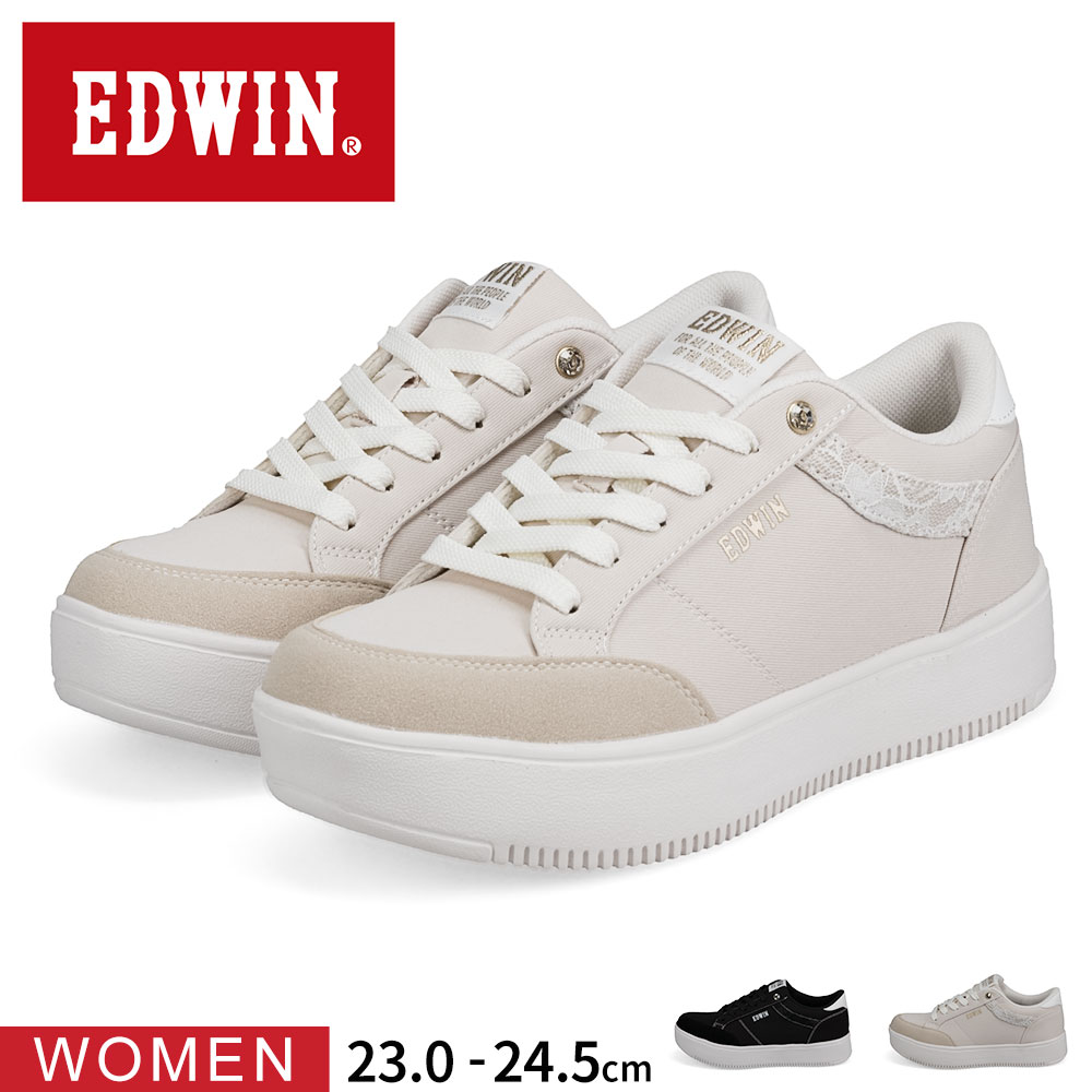 EDWIN エドウィン スニーカー レディース 黒 ローカット 軽い 軽量 歩きやすい 疲れにくい 履きやすい クッション インソール おしゃれ かわいい シンプル カジュアル ファッション 通勤 通学 旅行 学生 定番 お出かけ 厚底 靴 シューズ ブラック アイボリー EDW-4380