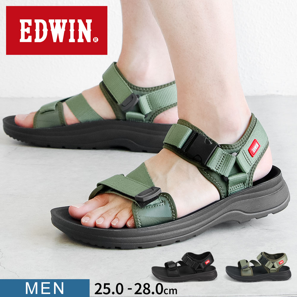 乐天商城 - EDWIN サンダル メンズ 靴 アウトドアサンダル スポーツサンダル ストラップ シンプル ゆったり 疲れにくい 歩きやすい リラックス スリッパ つっかけ コンフォート ワンマイル レジャー アウトドア キャンプ スポーツ サンダル エドウィン ブラック カーキ 5123