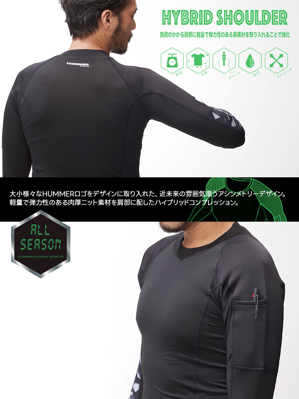 HUMMER 作業服 インナー シャツ メンズ 長袖 大きいサイズ 作業着 軽量 コンプレッ...