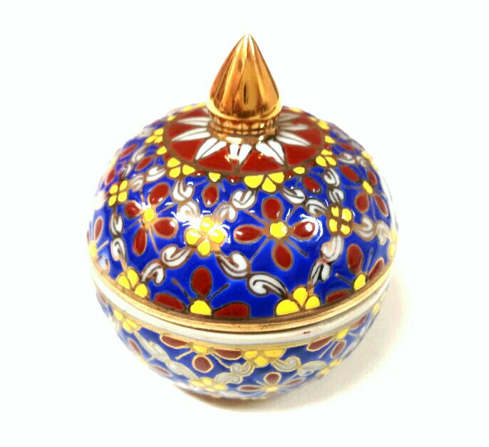 【タイ輸入】小物入れ 磁器 置物 調味料いれ シュガーポット ベンジャロン焼き ブルー×ゴールド 花柄 植物柄