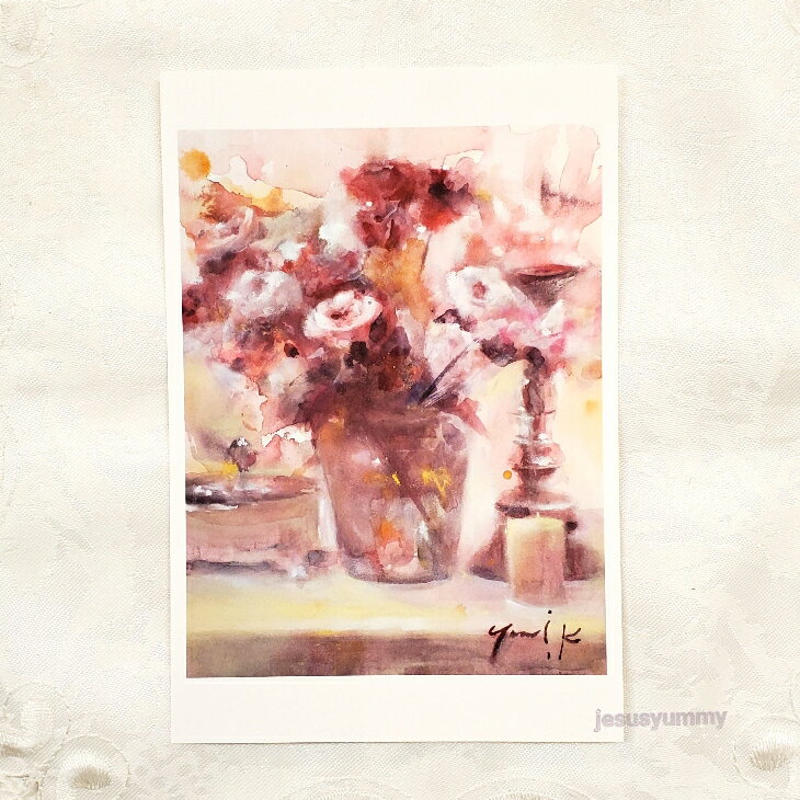 「魔法にかけられて」　Yumi Kohnoura作　オリジナル・ポストカード　絵はがき　葉書　絵画　薔薇　バラ　オレンジ　花　静物画　【ネコポス対応】