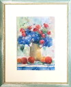 絵画 原画 「彩りの候」 水彩/パステル F4 静物画 アンティークブルー 木製額付き お部屋に飾る絵 Yumi Kohnoura 神之浦由美 紫陽花 バラ 花...