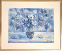 絵画 原画 「月明かり」 水彩/パステル F6 アンティーク シルバー 額付き Yumi Kohnoura 神之浦由美 薔薇 静物画 トルコキキョウ お部屋に飾る絵 ブルー インテリア【現品限り】