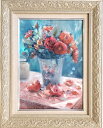 絵画 「When I Fall in Love」 油彩画 油絵 原画 静物画 お部屋に飾る絵 花の絵画 薔薇 F4 ヨーロピアンインテリア シルバー 額縁付き ...