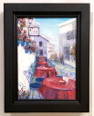 絵画 「赤と青の白い街」 油彩画 油絵 原画 風景画 お部屋やオフィスに飾る絵 F4 スペイン アンダルシア ミハス レストラン 額付 Yumi Kohnour...
