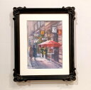 絵画 「雨上がりの赤いパラソル」 19×14cm 水彩/パステル 原画 風景画 お部屋に飾る絵 額付 壁掛・卓上両用 Yumi Kohnoura 神之浦由美