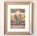 絵画 「クマのお花屋さん」 水彩/パステル 原画 風景画 お部屋に飾る絵 アンティーク ピンク×シルバー フレーム付き ヨーロピアンインテリア Yumi Koh...