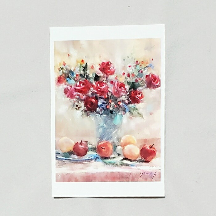 「7月のルビーレッド」　Yumi Kohnoura作　オリジナル・ポストカード　絵はがき　葉書　絵画　花　薔薇　バラ　ヒペリカム　静物画　【ゆうパケット・ネコポス対応】