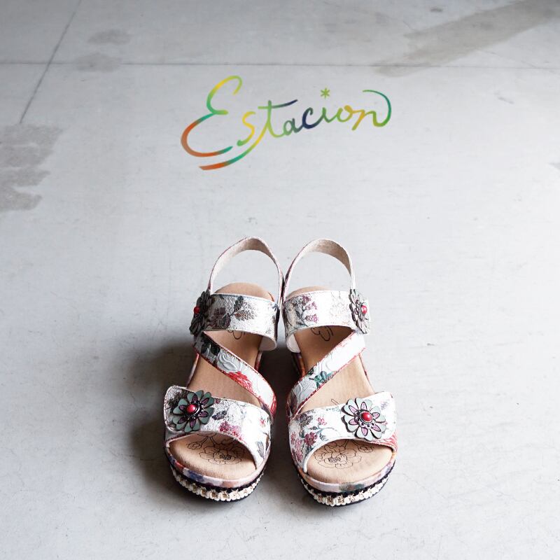 Estacion　エスタシオンフラワーコンチョモチーフストラップウェッジサンダル8888-1