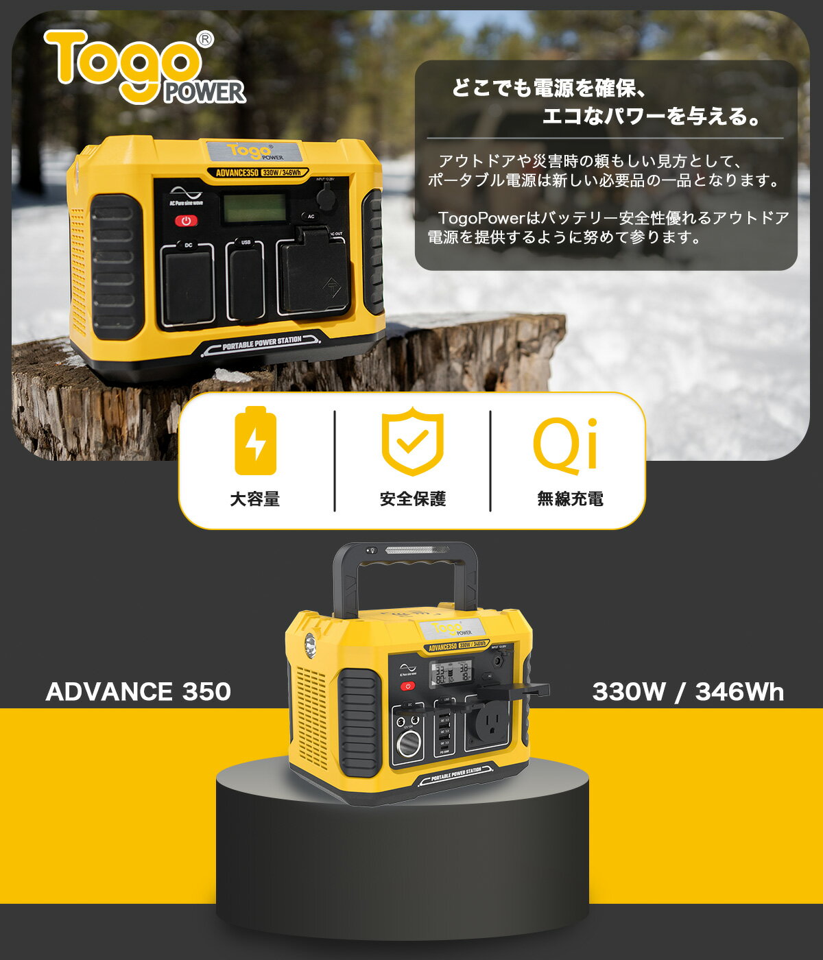 ポータブル電源 大容量 346Wh 93500mAh 高出力 AC330W 純正弦波 ワイヤレス充電 50Hz/60Hz兼用 アウトドア ソーラーパネル100W 車中泊 キャンプ 非常用電源 防災グッズ 停電対策 発電機 バックアップ電源 防災推奨 PSE認証済 送料無料