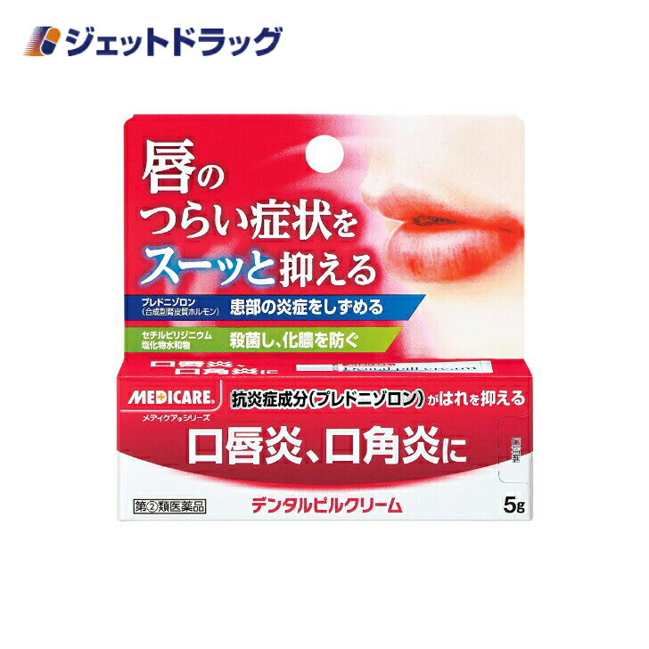 商品情報広告文責ジェットグループ株式会社070-8434-4508メーカー名、又は販売業者名(輸入品の場合はメーカー名、輸入者名ともに記載)森下仁丹株式会社日本製か海外製(アメリカ製等)か日本製商品区分医薬品商品説明文口腔用外用薬◆口唇炎の原因には、ビタミンB2不足、又は、食事、薬、口紅もしくは空気で運ばれる刺激物質などによる過敏症などがあります。◆唇に炎症(口唇炎)が起きると、唇の両端(口角)に痛み、ひりひり感、発赤、ひび割れ、うろこ状のびらんなどの症状が現れます。これらの症状には、抗炎症作用のあるプレドニゾロンなど副腎皮質ホルモンを配合した軟膏の使用がおすすめです。◆デンタルピルクリームは、抗炎症作用のある合成副腎皮質ホルモン・プレドニゾロンと、細菌感染を防ぐ殺菌成分・セチルピリジニウム塩化物水和物を効果的に配合しており、口唇炎、口角炎などに優れた効果をあらわします。医薬品は、用法用量を逸脱すると重大な健康被害につながります。必ず使用する際に商品の説明書をよく読み、用法用量を守ってご使用ください。用法用量を守って正しく使用しても、副作用が出ることがあります。異常を感じたら直ちに使用を中止し、医師又は薬剤師に相談してください。使用上の注意■■してはいけないこと■■■■相談すること■■1.次の人は使用前に医師、歯科医師、薬剤師又は登録販売者に相談してください。(1)医師又は歯科医師の治療を受けている人(2)薬などによりアレルギー症状を起こしたことがある人2.使用後、次の症状があらわれた場合は副作用の可能性があるので、直ちに使用を中止し、この添付文書を持って医師、歯科医師、薬剤師又は登録販売者に相談してください。関係部位・・・症状皮ふ・・・発疹・発赤、かゆみ3.5~6回使用しても症状がよくならない場合は使用を中止し、この添付文書を持って医師、歯科医師、薬剤師又は登録販売者に相談してください。有効成分・分量100g中成分・・・含量・・・はたらきプレドニゾロン・・・0.2g・・・患部の炎症をおさえます。セチルピリジニウム塩化物水和物・・・0.1g・・・患部を殺菌し、化膿を防ぎます。添加物として、銅クロロフィリンナトリウム、ポビドン、流動パラフィン、クエン酸水和物、ゲル化炭化水素、香料を含有します。効能・効果口唇炎、口角炎、口内炎、歯肉炎、歯齦炎用法・用量1日数回、適当量を清潔な指先、又は脱脂綿につけて、患部に塗擦してください。(1)定められた用法・用量を守ってください。(2)小児に使用させる場合には、保護者の指導監督のもとに使用させてください。(3)本剤は効能・効果に記載されている症状にのみ使用し、眼科用その他に使用しないでください。保管及び取り扱い上の注意1.直射日光の当たらない湿気の少ない涼しいところに密栓して保管してください。2.小児の手の届かないところに保管してください。3.他の容器に入れ替えないでください(誤用の原因になったり品質が変わります。)。4.使用期限を過ぎた製品は使用しないでください。[その他の添付文書記載内容]※なお、本品に含まれる緑~黒色粒子は添加物の銅クロロフィリンナトリウムです。品質上問題はございませんのでご安心してお使いください。[チューブの穴のあけ方]キャップを逆さにして、突起部をチューブの先に強く押し当ててください。製造販売元万協製薬株式会社三重県多気郡多気町五桂1169-142リスク区分第(2)類医薬品使用期限　使用期限までに6ヶ月以上ある商品を発送いたします。お問い合わせ先本品のお問い合わせは、お買い求めのお店、または次のところにお問い合わせください。森下仁丹株式会社大阪市中央区玉造1丁目2番40号0120-181-109平日9:00~21:00(土、日、祝日9:00~17:00)副作用被害救済制度のお問い合わせ先(独)医薬品医療機器総合機構0120-149-931ご注意メーカーによるパッケージや外観リニューアルにより、商品ページ画像と見た目が異なる商品をお届けすることがございます。あらかじめご了承をお願い致します。6