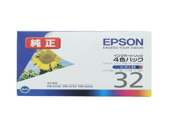 【仕様】●仕様：4色パック（ブラック／シアン／マゼンタ／イエロー）●対応機種：PM−A700　PM−A750　PM−D600【検索用キーワード】えぷそん　エプソン　EPSON　IC4CL32　インクジェットインク　いんくじぇっといんく　インクジェット　IC4CL32　1パック（4個）　カラー4ショク　カラー4しょく　からー4色　からー4ショク　からー4しょく　黒　くろ　クロ　ブラック　BLACK　ぶらっく　シアン　しあん　CYAN　マゼンタ　まぜんた　マゼンダ　まぜんだ　MAGENTA　イエロー　いえろー　YELLOW　黄色　キイロ　きいろ　エプソン　インクジェットカートリッジ　インクジェットインク品番表　プリンターインク　X11381