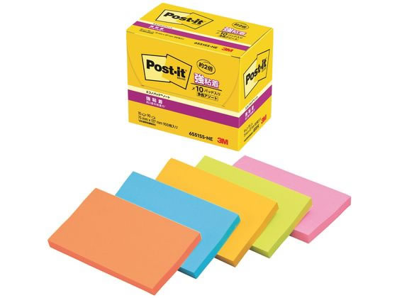 3M ポスト・イット ノート 強粘着 エコノパック 75×127mm ネオンカラー 5色 10冊 6551SS-NE 大 ノートタイプ 強粘着タイプふせん インデックス メモ ノート