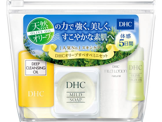 【仕様】肌が本来がもつ、強く美しくなろうとする力を最大限にひきだすために、原料と製法にこだわり、厳選した天然成分を配合したスキンケア。人気のスキンケアシリーズから、お試しや旅行に便利なミニセットが登場しました。発売以来愛され続ける美肌力を、体感してください。●内容：DHC薬用ディープクレンジングオイル（医薬部外品）／20ml、DHCマイルドソープ（石けん）／10g、DHC薬用マイルドローション（医薬部外品）／20ml、DHCオリーブバージンオイル（化粧用油）／5ml●無香料、無着色、パラベンフリー●天然成分配合生産国：日本商品区分：医薬部外品メーカー：株式会社ディーエイチシー広告文責：フォーレスト株式会社　0120-40-4016【備考】※メーカーの都合により、パッケージ・仕様等は予告なく変更になる場合がございます。【検索用キーワード】DHC　ディーエイチシー　しーえいちしー　オリーブスベスベミニセット　おりーぶすべすべみにせっと　クレンジングオイル　石けん　石鹸　フェイスローション　化粧水　フェイスオイル　1セット　薬用ディープクレンジングオイル　マイルドソープ　薬用マイルドローション　オリーブバージンオイル　お試しセット　トライアル　旅行　ビニールポーチ付き　スキンケア　フェイスケア　travel_03スキンケアが、お得なミニセットになりました！