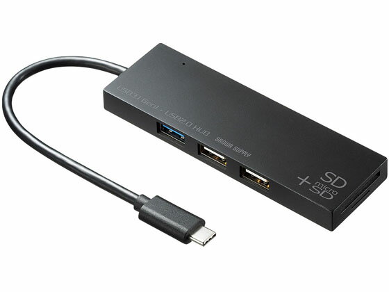 【仕様】USB3．1／3．0×1ポート、USB2．0×2ポートのコンボハブにSDカードスロットとmicroSDカードスロットが付いた便利なハブです。Type−Cコネクタ搭載で、Type−Cポートを搭載したパソコンなどで使用できます。ワイヤレスマウスのレシーバーなどUSB3．1が必要ない機器と併用するのに最適です。●カラー：ブラック●サイズ：約幅110×奥行36×高さ10mm●重量：約38g●ケーブル長：約15cm●インターフェース規格：USB仕様　Ver．3．1　Gen1（USB3．0）準拠（USB　Ver2．0／1．1上位互換）●通信速度：5Gbps／480Mbps／12Mbps／1．5Mbps（理論値）●コネクタ：USB3．1　Gen1（USB3．0）Aコネクタ　メス×1（ダウンストリーム）、USB2．0　Aコネクタ　メス×2（ダウンストリーム）、Type−Cコネクタ　オス×1（アップストリーム）●電源：バスパワー●供給電流：最大800mA（全3ポート合計）※接続する機器の消費電流が本製品の供給電流を超える場合、バスパワーで正常に動作しない場合があります。●対応機種：Windows搭載（DOS／V）パソコン、Apple　Macシリーズ※USB　Type−Cポートを装備し、1つ以上の空きがあること。●対応OS：Windows　10・8．1・8・7、Mac　OS　10．12〜10．14、Mac　OS　X　10．4〜10．11【備考】※メーカーの都合により、パッケージ・仕様等は予告なく変更になる場合がございます。【検索用キーワード】さんわさぷらい　SANWASUPPLY　Type−C　HUB　こんぼはぶ　USBハブ　USB−3TCHC16BK　USB3TCHC16BK　USB　黒　くろ　クロ　ブラック　BLACK　windows　OA用品　PC用品　パソコン用品　USBHUB　5ポート　PC周辺機器　ネットワーク機器USB3．1／3．0×1ポート、USB2．0×2ポートコンボハブ。カードリーダー付き。