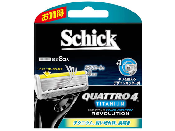 【商品説明】セーフティーワイヤー付きチタンコート4枚刃！ホホバオイル・アロエ・ビタミンE配合のスムーザーが、刃のすべりを滑らかにし、剃り心地を快適に。大型ガードバーが肌をのばし、ヒゲを剃りやすい状態にします。キワを整えるデザインカッター付。【仕様】●替刃●4枚刃●注文単位：1パック（8個）●生産国：ドイツ【検索用キーワード】シック　シックジャパン　しっくじゃぱん　SchickJapan　クアトロ　チタニウム　レボリューション　替刃　剃刀　かみそり　カミソリ　髭剃り　髭そり　ヒゲ剃り　シェーバー　1パック　8個入り　男性用　メンズ用　紳士用　替刃　（8）その他関連キーワード4枚刃　quattro4　titanium　revolution　スキンケア　シェービング肌にやさしい深剃り