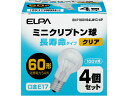 【商品説明】●60形長寿命タイプ●寿命は約2倍の4000時間（当社比）●アルゴンガスよりも熱伝導率の低いクリプトンガスの封入で長寿命を実現した電球です。外径のコンパクト化によってスポットライト、ダウンライトなど幅広く使用できます【仕様】●定格電圧：100V●定格消費電力：54W●定格寿命：4000時間●本体サイズ：全長67×バルブ径35（mm）●口金E17●入数：4個●カラー：クリア【検索用キーワード】朝日電器　あさひでんき　アサヒデンキ　ASAHIDENKI　エルパ　えるぱ　ELPA　elpa　長寿命ミニクリ54W4P　TYOUZYUMYOUMINIKURI54W4P　tyouzyumyouminikuri54w4p　電球　EKP100V54LW（C）4P　EKP100V54LW（C）4P　電球　室内装飾照明　00000電球　ミニクリプトン電球　S30497長寿命タイプ