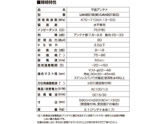【お取り寄せ】DXアンテナ UHF平面アンテナ 中電界弱電界地用 UAH201B(W) テレビア...