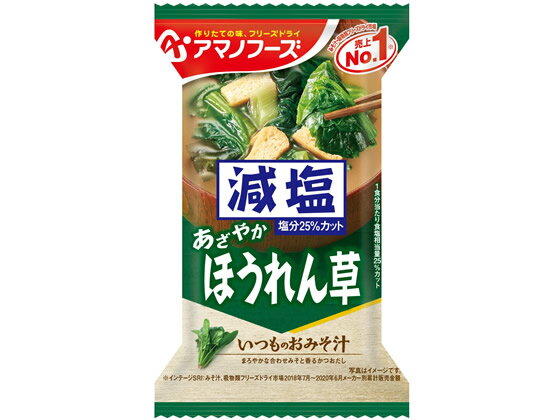 【商品説明】飲みやすい定番の味わいに仕上げた、減塩タイプのほうれん草のおみそ汁です。【仕様】●内容量：6．8g●注文単位：1個【備考】※メーカーの都合により、パッケージ・仕様等は予告なく変更になる場合がございます。【検索用キーワード】あまのふーず　アマノフーズ　amanofoods　アサヒグループ食品　減塩いつものおみそ汁ほうれん草　げんえんいつものおみそしるほうれんそう　ゲンエンイツモノオミソシルホウレンソウ　袋入り　1食分　1個　味噌　みそ　ミソ　インスタント食品　おみそ汁　インスタントみそ汁　おみそしる　お味噌汁　フリーズドライ　味噌汁　インスタント・レトルト食品　おみそ汁、スープ　S41250具材に合わせてみそとだしを選んだ、毎日食べたくなる「いつものおみそ汁」