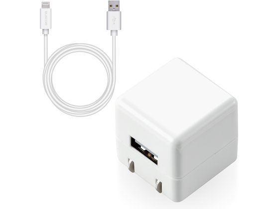 【商品説明】家庭用コンセントからLightningコネクタ搭載のiPhoneやiPodを充電できるLightningケーブルを付属したAC充電器です。　携帯に便利なコンパクト設計のかわいいキューブ型デザインを採用しています。　スマートフォンやタブレットに付属もしくは対応する充電用USBケーブルを使用して充電可能です。【仕様】●対応機種：USB　Type−Aポートから5W（5V／1A）までの出力で充電、使用可能な機器　●コネクタ形状：USB　Type−A（メス）×1　●定格入力電圧：AC100−240V　50／60Hz　●定格入力電流：0．2A　●定格出力電力：5W　●定格出力電圧：5V　●定格出力電流：1A　●外形寸法：約　幅30mm×厚み30mm×高さ30mm　※ACプラグ収納時　●重量：約70g　●ケーブル長：約1．5m　●カラー：ホワイト　●コンセントプラグ仕様：90度スイング構造／耐トラッキングスリーブ付　●付属品：USB　Type−Aオス−Lightningコネクタケーブル（データ通信にも対応）　●認証：MFi　●法令：◇PSE　特定電気用品　●使用可能地域：日本　●保証期間：1年　●その他：コンパクトでかわいいキューブ型【備考】※メーカーの都合により、パッケージ・仕様等は予告なく変更になる場合がございます。【検索用キーワード】エレコム　ELECOM　えれこむ　iPhone充電器　iPad充電器　1．5m　Lightning　AC　ケーブル同梱　ホワイト　コンパクト　小型　キューブ　シンプル　S89280充電だけでなくパソコンとのデータ通信にも使用可能