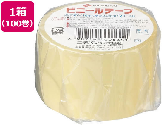 【商品説明】用途：缶、ビンなどの防湿包装に。封かん、包装、結束、カラー分類に。【仕様】●色：透明●サイズ：38mm×10m●仕様：電気絶縁用ポリ塩化ビニル粘着テープ※600V以下でご使用ください。電源を切って作業してください。●材質：基材／ポリ塩化ビニル、粘着剤／ゴム系●注文単位：1箱（100巻）【備考】※メーカーの都合により、パッケージ・仕様等は予告なく変更になる場合がございます。【検索用キーワード】ニチバン　にちばん　nichiban　ビニールテープ透明38mm＊10m100巻　ビニールテープ　38mm＊10m　100巻　びにーるてーぷ　梱包用テープ　ビニールテープ　粘着テープ　接着テープ　梱包テープ　接着用品　作業用品　接着用品　テープ　VT−38　VT38　1箱　100巻　軟質塩ビ　脱鉛タイプ　防湿包装　封かん　包装　結束　カラー分類　透明　とうめい　トウメイ　とおめい　トオメイ　クリア　クリアー　箱売り　まとめ売り　ガムテープ　粘着テープ　ビニールテープ　XH5713柔軟で水・湿気に強い、軟質塩ビを基材としたテープです。脱鉛タイプです。