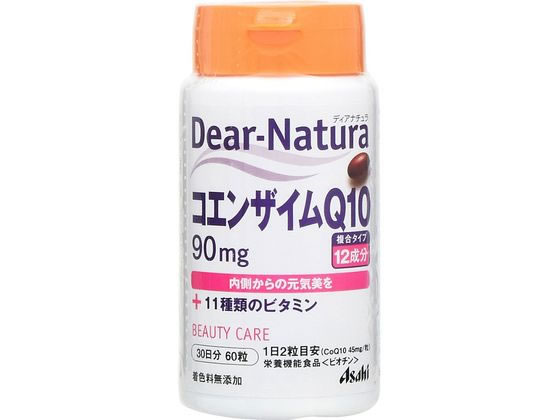 【商品説明】コエンザイムQ10に加え、美容や健康を支える11種のビタミンをプラスしました。1日2粒が目安です。【仕様】●内容量：60粒●成分原材料名：オリーブ油、コエンザイムQ10、酵母エキス、ビタミンE含有植物油、ゼラチン、V．C、グリセリン、ナイアシン、ミツロウ、乳化剤、パントテン酸Ca、β−カロテン、V．B6、V．B2、V．B1、葉酸、ビオチン、V．B12【栄養成分表示】1日摂取目安量（2粒）あたりエネルギー　5．84kcal炭水化物　0．12gたんぱく質　0．26gナトリウム　0．93mg脂質　0．48gビオチン　45μgビタミンC　80mgビタミンE　8mgビタミンB1　1mgビタミンB2　1．1mgビタミンB6　1mgビタミンB12　2μgナイアシン　11mgパントテン酸　5．5mg葉酸　200μg〜カロテン［ビタミンA換算］　450μgコエンザイムQ10　90mg●保存方法直射日光をさけ、湿気の少ない涼しい場所に保管してください。●使用方法【お召し上がり方】1日2粒を目安に、水またはお湯とともにお召し上がりください。●使用上の注意本品は多量摂取により疾病が治癒したり、より健康が増進するものではありません。1日の摂取量目安を守ってください。妊娠中・授乳中の方、小児の使用は避けてください。治療を受けている方、お薬を服用中の方は、医師にご相談の上、お召し上がりください。体質によりまれに身体に合わない場合があります。その場合は使用を中止してください。体調や体質により、まれに発疹などのアレルギー症状が出る場合は使用を中止してください。小児の手の届かないところに置いてください。保管環境によってはカプセルが付着する場合がありますが、品質に問題ありません。本品は、特定保健用食品と異なり、厚生労働大臣による個別審査を受けたものではありません。○体に合わない場合は、使用を中止し、医師にご相談下さい。○効果・効能については個人差がございます。【備考】※メーカーの都合により、パッケージ・仕様等は予告なく変更になる場合がございます。【検索用キーワード】アサヒグループショクヒン　あさひぐるーぷしょくひん　ディアナチュラコエンザイムキュー　でぃあなちゅらこえんざいむきゅー　錠剤　60粒　栄養補助食品　サプリメント　栄養補助・健康食品　サプリメント