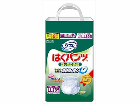 【商品説明】おしっこ約6回分をたっぷり吸収【仕様】●内容量：16枚●発売元／製造元／輸入元リブドゥコーポレーション●商品の特徴おしっこ約6回分吸収。ゆったりソフトギャザー採用でお肌にやさしくしっかりフィット！足まわり・お腹まわりを締め付けないのにスキマができにくく、さらに上げ下げカンタンに！お肌にやさしいやわらか柔軟仕上げ。全面通気性シート採用。横モレ防止ギャザーが足まわりにフィットし尿をせき止めます。ブルーのライン付きだから尿パッドをつける位置も分かりやすい。消臭ポリマー配合。【備考】※メーカーの都合により、パッケージ・仕様等は予告なく変更になる場合がございます。【検索用キーワード】リブドゥコーポレーション　りぶどぅこーぽれーしょん　リフレハクパンツタップリキュウシュウ　りふれはくぱんつたっぷりきゅうしゅう　尿とりパッド　16枚　女性用　介護・介助用品　排泄ケア