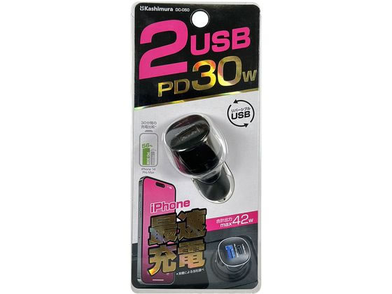 【商品説明】2ポート合計最大出力42W。USBPD（PowerDelivery）規格対応USBType−Cポート：最大30W出力自動切替12V2．5A／9V3A／5V3A※PD充電はPD対応のケーブルが必要です。※USBPD規格に非対応の端末を接続した場合は5V出力になります。自動識別IC搭載、端末に合わせて最適に充電。USBコネクタの表も裏も向きを気にせず挿せるリバーシブルUSBポート。【仕様】●12V／24V車兼用。●通電確認用ブルーLEDランプ付。●本体色：ブラック●入力電圧：DC12V・24V、マイナスアース車●出力：2ポート合計最大出力42W、【USB−Aポート】最大12W・5V2．4A、【USBType−Cポート】USBPD対応端末／最大30W（12V2．5A・9V3A・5V3A）、USBPD非対応端末／最大15W・5V3A●使用温度範囲：0〜40℃●本体サイズ：32W×70H×32Dmm●重量：26g【備考】※メーカーの都合により、パッケージ・仕様等は予告なく変更になる場合がございます。【検索用キーワード】カー用品　かしむら　KASHIMURA　ソケット　カシムラ　DC050　DC　USB　2ポート42W　PD30W　自動判定　携帯　携帯電話　スマホ　スマートホン　スマートフォン　タブレット　コード　携帯コード　充電コード　充電器コード　充電ケーブル　充電　ケーブル　充電機器　シガーソケット　DCソケット　USB−Aポート　USBAポート　USB−PD　USBPD　TypeC　タイプC　USBType−C　アンドロイド　Android　iPhone　iPad　アイフォン　アイパッド　iフォン　iパッド　ライトニング　ライトニングケーブル　Lightning　ケーブル　AUTOUSB　USB1口　2USB　車　くるま　クルマ　自動車　急速充電　X521LT車のDCソケットを2ポートのUSB電源に変換