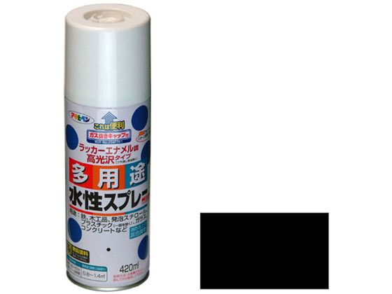 【商品説明】●タレにくく、きれいに仕上がる。●油性塗料や、発泡スチロールに塗っても下地を侵さず、色々な素材に使用可。●乾燥前には水ぶきで落とせて、いったん乾くと日光や雨に強い。●消防法上の非危険物。●鉛・クロム化合物を使用していない安全な塗料。【仕様】●容量：420ml●カラー：黒●【用途】適した場所：屋内外区分　屋内外用。発泡スチロール、プラスチック（アクリル、硬質塩ビ、ABS、スチロール）、鉄、木、ブロック、コンクリート、紙、ガラスの他、ホビー、クラフト、デザイン等に。●重量：600g●標準塗り回数：2回塗り●光沢：ツヤあり●塗膜の仕上がり：不透明（下地を隠す）●塗料タイプ：水溶性アクリル樹脂塗料●乾燥時間：夏期　40〜50分／冬期　1〜2時間●塗り重ね時間の目安：1回で仕上げずに乾燥させてから2回目を塗装してください。●塗り面積：0．8〜1．4m2　（タタミ　0．5〜0．9枚分）【備考】※メーカーの都合により、パッケージ・仕様等は予告なく変更になる場合がございます。【検索用キーワード】アサヒペン　あさひぺん　水性多用途スプレー　スプレー　420ml　黒　クロ　ブラック　DIY　梱包＆作業　土木　建築資材　塗装　内装用品　塗料　X966LWいろいろな物に塗れる。