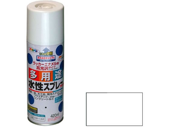 【商品説明】●タレにくく、きれいに仕上がる。●油性塗料や、発泡スチロールに塗っても下地を侵さず、色々な素材に使用可。●乾燥前には水ぶきで落とせて、いったん乾くと日光や雨に強い。●消防法上の非危険物。●鉛・クロム化合物を使用していない安全な塗料。【仕様】●容量：420ml●カラー：ツヤ消し白●【用途】適した場所：屋内外区分　屋内外用。発泡スチロール、プラスチック（アクリル、硬質塩ビ、ABS、スチロール）、鉄、木、ブロック、コンクリート、紙、ガラスの他、ホビー、クラフト、デザイン等に。●重量：600g●標準塗り回数：2回塗り●光沢：ツヤ消し●塗膜の仕上がり：不透明（下地を隠す）●塗料タイプ：水溶性アクリル樹脂塗料●乾燥時間：夏期　40〜50分／冬期　1〜2時間●塗り重ね時間の目安：1回で仕上げずに乾燥させてから2回目を塗装してください。●塗り面積：0．8〜1．4m2　（タタミ　0．5〜0．9枚分）【備考】※メーカーの都合により、パッケージ・仕様等は予告なく変更になる場合がございます。【検索用キーワード】アサヒペン　あさひぺん　水性多用途スプレー　スプレー　420ml　ツヤ消し　つや消し　白　シロ　ホワイト　DIY　梱包＆作業　土木　建築資材　塗装　内装用品　塗料いろいろな物に塗れる。