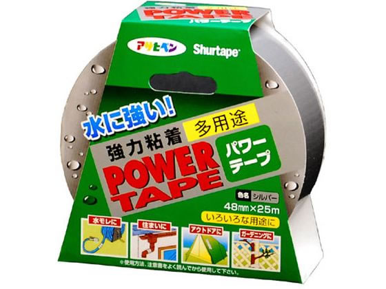 【商品説明】●ポリエステルメッシュ（網）入りだから強力、丈夫なテープです。　●　天然ゴム系粘着剤を使用しているため、強力な粘着性があり、水滴にも強く屋外への使用にも良好です。●ポリエチレンフィルムでカバーし、防水能力があります。●手で切れるため、作業時に便利です。　●のり残りが少なく、きれいなはがし跡になります。●【用途】漏水防止・木や樋の固定・折れた竿などの繋ぎなど様々の用途で使用できます。【仕様】●サイズ：48mm×25m●カラー：シルバー●重量：320g●材料：ポリエチレンフィルム、ポリエステルメッシュ、ゴム系粘着剤【備考】※メーカーの都合により、パッケージ・仕様等は予告なく変更になる場合がございます。【検索用キーワード】アサヒペン　あさひぺん　パワーテープ　T251　48mm×25m　シルバー　強粘着　強力粘着　多用途　耐水性　補修テープ　テープ　粘着テープ　DIY　梱包＆作業　ガムテープ、粘着テープ　補修テープ　シーリングテープ　補修テープ　X730LW強くて丈夫、強粘着だけどキレイな剥がし跡。