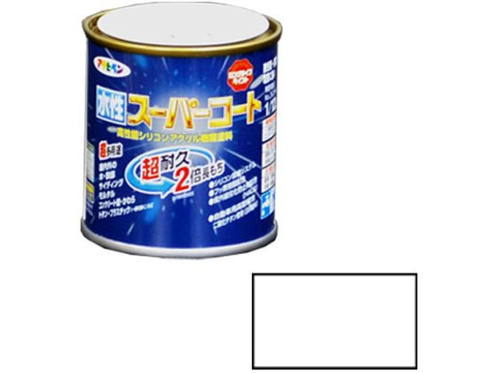 【商品説明】●特殊フッ素樹脂、シリコン架橋システム及び紫外線劣化防止剤（HALS）の相乗効果により、汚れにくく、耐久性が格段に優れた高性能塗料です。●白系塗料には自動車用塗料にも使用されている高耐候性二酸化チタンを使用しています。　●酸性雨や酸性雪・排気ガス・塩害に強い塗料です。●いやな臭いのしない無臭タイプで、1回塗りで仕上がります。●サビドメ剤、防カビ剤を配合していますので、サビやカビの発生を防ぎます。【仕様】●容量：1／12L●色：ツヤ消し白●重量：140g●塗り面積：一般色（1回塗り）　0．5〜0．8m2（タタミ0．3〜0．5枚分）／メタリック色、銀黒（2回塗り）0．3〜0．4m2（タタミ0．2〜0．25枚分）●光沢：ツヤ消し●塗料タイプ：架橋反応型水性シリコンアクリルエマルション樹脂塗料●乾燥時間：夏期　30〜60分／冬期　2〜3時間●塗り重ね時間の目安：　夏期／2時間以上　冬期／6時間以上【備考】※メーカーの都合により、パッケージ・仕様等は予告なく変更になる場合がございます。【検索用キーワード】アサヒペン　水性スーパーコート　1　12L　ツヤ消し白　シロ　ホワイト　DIY　梱包＆作業　建築資材　塗装　塗料　X063MA超耐久　超多用途　2倍長持ち！次世代塗料。