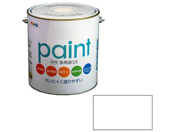 【商品説明】●厚塗りしてもタレにくくハケさばきが軽く、大変塗り易い。●サビドメ剤、防カビ剤配合。●日光や雨にも強く、ソフトなツヤに仕上がる。●【用途】屋内外用。ドア、雨戸、羽目板等屋内外の木部や家具・木工品等の木製品。浴室・居間・台所等のしっくい・モルタル・コンクリート壁・板壁。コンクリート・ブロック・スレート等の外壁やへい。フェンス・門扉・鉄柵等の鉄部・鉄製品。発泡スチロール・アクリル等のプラスチック面。【仕様】●内容量：3L●カラー：白●重量：4500g●標準塗り回数：2回塗り●光沢：半ツヤ●塗膜の仕上がり：不透明（下地を隠す）●塗料タイプ：水性アクリルエマルション樹脂塗料●乾燥時間：夏期　30〜60分／冬期　2〜3時間●塗り重ね時間の目安：　夏期　2時間以上／冬期　6時間以上●塗り面積：17〜22m2（タタミ10〜13枚分）【備考】※メーカーの都合により、パッケージ・仕様等は予告なく変更になる場合がございます。【検索用キーワード】アサヒペン　あさひぺん　水性多用途EX　3L　白　水性　水性塗料　1個　多用途　DIY　ペンキ　建築　補修　作業　作業用品　金物　塗装内装　塗料　塗装　X789MS屋内外のいろいろなところに塗れる！