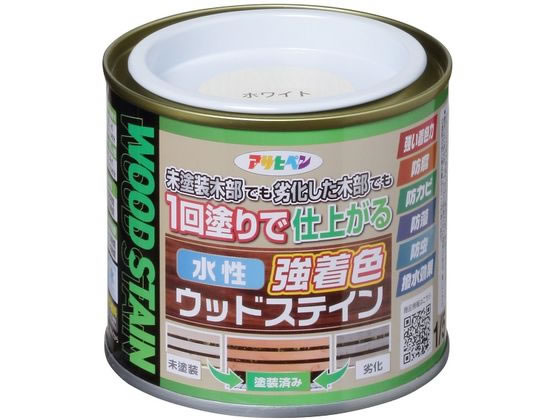 【商品説明】●隠ぺいが高い水性・低臭タイプ。●木目を生かした美しいステイン仕上げができ、優れた耐候性。●防腐・防カビ・防藻・防虫効果で長期間木部を美しく保つ。●撥水剤配合、長期間撥水性維持で木部を保護。●【用途】屋内外用、ガーデン用木製品、インテリア木部・木製品　※古い木材や旧塗膜のある木材は、必ず下地処理後に塗装。常時湿っている所や屋内の床面には適さない。【仕様】●塗料タイプ：水性アクリルウレタンエマルション樹脂塗料●容量：1／5L●色：ホワイト●【塗り面積】［1回塗り］1．5〜2．1m2・タタミ：0．9〜1．3枚分、［吸い込みが激しい面］1．0〜1．4m2、・タタミ：0．6〜0．8枚分●乾燥時間：夏期／約2時間、冬期／約3時間（塗り重ね時間の目安：夏期／1〜3時間、冬期／2〜4時間）【備考】※メーカーの都合により、パッケージ・仕様等は予告なく変更になる場合がございます。【検索用キーワード】アサヒペン　あさひぺん　水性強着色ウッドステイン　1　5L　ホワイト　水性　水性塗料　強着色　ウッドステイン　ステイン　木部　防腐　防カビ　防虫　防藻　1個　DIY　ペンキ　建築　補修　作業　作業用品　金物　塗装内装　塗料　塗装　X873MS着色力が強く、1回塗りで仕上がる木部専用塗料。