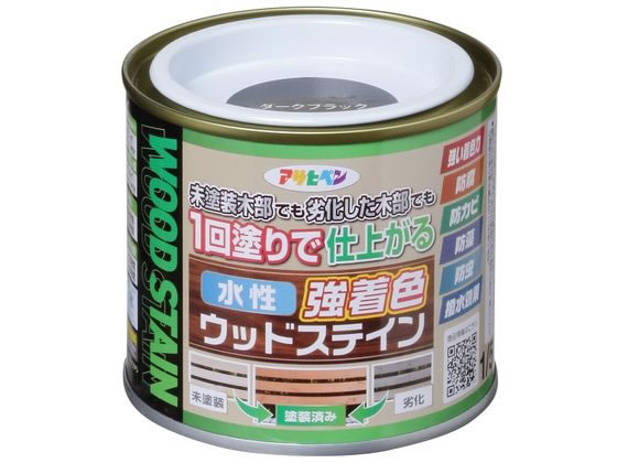 【商品説明】●隠ぺいが高い水性・低臭タイプ。●木目を生かした美しいステイン仕上げができ、優れた耐候性。●防腐・防カビ・防藻・防虫効果で長期間木部を美しく保つ。●撥水剤配合、長期間撥水性維持で木部を保護。●【用途】屋内外用、ガーデン用木製品、インテリア木部・木製品　※古い木材や旧塗膜のある木材は、必ず下地処理後に塗装。常時湿っている所や屋内の床面には適さない。【仕様】●標準塗り回数：1／光沢：ツヤ消／塗膜の仕上がり：半透明●塗料タイプ：水性アクリルウレタンエマルション樹脂塗料●容量：1／5L●色：ダークブラック●【塗り面積】［1回塗り］1．5〜2．1m2・タタミ：0．9〜1．3枚分、［吸い込みが激しい面］1．0〜1．4m2、・タタミ：0．6〜0．8枚分●乾燥時間：夏期／約2時間、冬期／約3時間（塗り重ね時間の目安：夏期／1〜3時間、冬期／2〜4時間）【備考】※メーカーの都合により、パッケージ・仕様等は予告なく変更になる場合がございます。【検索用キーワード】アサヒペン　あさひぺん　水性強着色ウッドステイン　1　5L　ダークブラック　水性　水性塗料　強着色　ウッドステイン　ステイン　木部　防腐　防カビ　防虫　防藻　1個　DIY　ペンキ　建築　補修　作業　作業用品　金物　塗装内装　塗料　塗装　X875MS着色力が強く、1回塗りで仕上がる木部専用塗料。